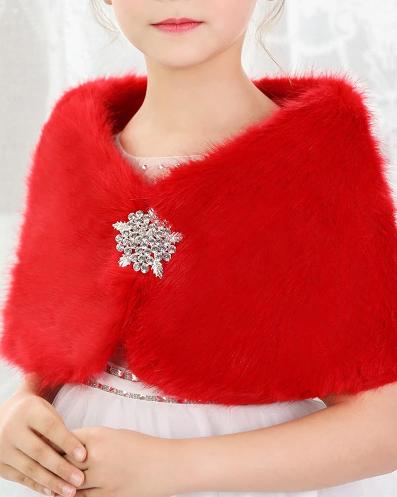 BXT Flower Girl Shawl Wrap, Kids Soft Red Faux Fur Princess Shoulder Cape for Wedding - Image 4